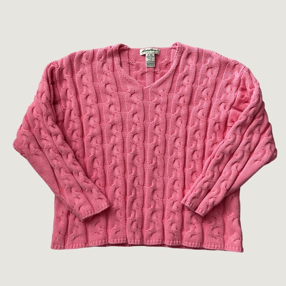 Eddie Bauer Preppy Light Academia Pink Cable Knit V-Neck Cotton Women Sweater PL